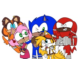 Size: 1680x1280 | Tagged: safe, artist:rosecandyart, amy rose, knuckles the echidna, miles "tails" prower, sonic the hedgehog, sticks the badger, 2023, amy x sonic, amybetes, blushing, chibi, clenched teeth, crush, cute, ear fluff, ear piercing, eyes closed, female, flat colors, group, heart eyes, knucklebetes, looking at each other, male, mouth open, shipping, smile, sonabetes, sonic boom (tv), standing, stickabetes, straight, tailabetes, tongue out, top surgery scars, trans female, trans male, transgender, wall of tags, white background, wink