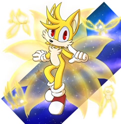 Size: 1200x1236 | Tagged: safe, artist:chocomintystars, flicky, miles "tails" prower, super tails, 2022, abstract background, alternate super form, ambiguous gender, flying, group, kitsune, looking at viewer, male, mid-air, nine tails, no mouth, pointing, red eyes, solo, solo focus, sparkles, super form