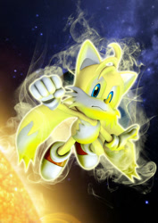 Size: 400x566 | Tagged: safe, artist:viruseffect, miles "tails" prower, super tails, 2010, 3d, abstract background, alternate super form, clenched fist, flying, frown, glowing, looking at viewer, male, mid-air, solo, solo male, space, super form