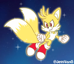 Size: 1280x1100 | Tagged: safe, artist:glitter-husky, miles "tails" prower, super tails, 2022, abstract background, clenched fists, flying, looking offscreen, mid-air, nighttime, smile, solo, solo male, sparkles, star (sky), star (symbol), super form