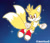 Size: 1280x1100 | Tagged: safe, artist:glitter-husky, miles "tails" prower, super tails, 2022, abstract background, clenched fists, flying, looking offscreen, mid-air, nighttime, smile, solo, solo male, sparkles, star (sky), star (symbol), super form