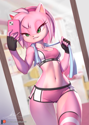 Size: 897x1269 | Tagged: safe, artist:pakwan008, amy rose, selfie, solo, workout outfit