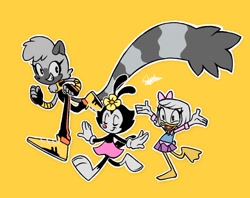 Size: 1116x885 | Tagged: safe, artist:syoun_anita, tangle the lemur, animaniacs, crossover, dot warner (animaniacs), ducktales, happy, running, trio, walking, webby vanderquack (ducktales), yellow background