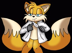 Size: 3072x2282 | Tagged: safe, artist:taeko, miles "tails" prower, fanfic:rainbow factory, black background, creepypasta, crossover, evil, glowing eyes, holding something, knife, lab coat, lidded eyes, looking offscreen, mobius.social exclusive, modern tails, simple background, smile, solo, standing, voice actor joke