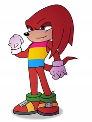 Size: 1536x2048 | Tagged: safe, artist:raedrawsart, knuckles the echidna, 2020, clenched fists, lidded eyes, looking offscreen, male, pansexual, pansexual pride, simple background, smile, solo, solo male, standing, tank top, white background