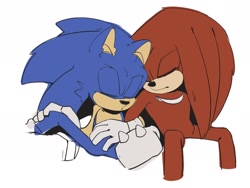 Size: 2048x1536 | Tagged: safe, artist:yatina, knuckles the echidna, sonic the hedgehog, duo, duo male, eyes closed, frown, gay, knuxonic, leaning on them, male, males only, modern knuckles, modern sonic, mouth open, shipping, simple background, sitting, sleeping, white background