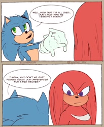 Size: 1600x1950 | Tagged: safe, artist:lucia88956289, knuckles the echidna, sonic the hedgehog, sonic the hedgehog 2 (2022), dialogue, duo, duo male, english text, frown, looking at each other, male, males only, panels, simple background, speech bubble, stretching, white background