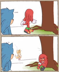 Size: 1600x1950 | Tagged: safe, artist:lucia88956289, knuckles the echidna, miles "tails" prower, sonic the hedgehog, sonic the hedgehog 2 (2022), ..., frown, grass, legs crossed, looking at them, looking away, male, males only, question mark, simple background, sitting, standing, team sonic, tree, trio, trio male, walking, white background