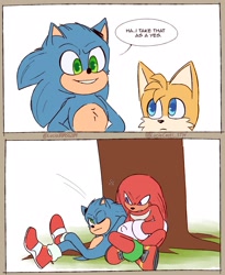 Size: 1600x1950 | Tagged: safe, artist:lucia88956289, knuckles the echidna, miles "tails" prower, sonic the hedgehog, sonic the hedgehog 2 (2022), chest fluff, clenched teeth, dialogue, duo focus, english text, frown, leaning on them, looking at them, male, males only, mouth open, simple background, sitting, smile, speech bubble, standing, surprised, team sonic, trio, trio male, white background, wink