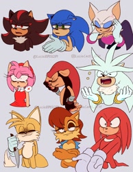 Size: 1370x1770 | Tagged: safe, artist:lucia88956289, amy rose, knuckles the echidna, mighty the armadillo, miles "tails" prower, rouge the bat, sally acorn, shadow the hedgehog, silver the hedgehog, sonic the hedgehog, :3, arms folded, bust, clenched teeth, cross popping vein, expression sheet, expressions meme, eyes closed, female, frown, grey background, group, holding something, knife, lidded eyes, looking offscreen, male, meme, mouth open, shrunken pupils, simple background, this will end in blood