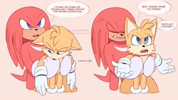 Size: 2048x1152 | Tagged: safe, artist:lucia88956289, knuckles the echidna, miles "tails" prower, sonic the hedgehog 2 (2022), annoyed, carrying them, clenched teeth, cross popping vein, dialogue, duo, english text, eyes closed, frown, holding them, looking offscreen, modern knuckles, modern tails, mouth open, orange background, simple background, speech bubble, standing