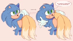 Size: 2048x1152 | Tagged: safe, artist:lucia88956289, miles "tails" prower, sonic the hedgehog, sonic the hedgehog 2 (2022), carrying them, clenched teeth, dialogue, duo, duo male, english text, frown, looking offscreen, male, males only, orange background, simple background, solo focus, speech bubble, standing, sweatdrop