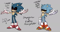 Size: 2048x1115 | Tagged: safe, artist:cupidsonic, sonic the hedgehog, oc, oc:sonic.exe, black sclera, clenched teeth, duality, english text, frown, grey background, lidded eyes, looking at viewer, male, red eyes, simple background, smile, solo, solo male, standing