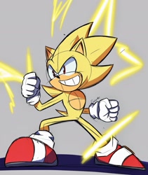 Size: 1669x1981 | Tagged: safe, artist:onthedownlotho, sonic the hedgehog, super sonic, sonic prime, clenched fists, clenched teeth, electricity, grey background, looking ahead, red eyes, redraw, shadow (lighting), signature, simple background, sketch, smile, solo, solo male, standing, super form