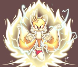 Size: 2048x1770 | Tagged: safe, artist:ssjsophia, miles "tails" prower, super tails, 31 days sonic, clenched fists, electricity, flying, frown, looking at viewer, male, red background, red eyes, signature, simple background, solo, solo male, super form