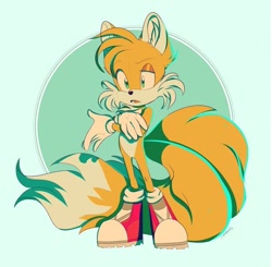 Size: 604x593 | Tagged: source needed, safe, artist:kittenpawprints, miles "tails" prower, abstract background, arms folded, ear fluff, limited palette, looking offscreen, male, mouth open, signature, solo, solo male, standing