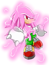 Size: 557x734 | Tagged: safe, artist:alexthestarchild, knuckles the echidna, super knuckles, clenched fists, electricity, frown, looking at viewer, male, mid-air, red eyes, simple background, solo, solo male, star (symbol), super form, white background