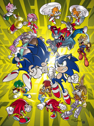 Size: 1000x1333 | Tagged: safe, artist:nigel dobbyn, artist:tracy yardley, amy rose, antoine d'coolette, bunnie rabbot, johnny lightfoot, knuckles the echidna, miles "tails" prower, rotor walrus, sally acorn, tekno the canary, fight, group, porker lewis, shortfuse the cybernik