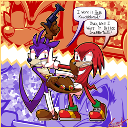 Size: 2132x2132 | Tagged: safe, artist:gsvproductions, knuckles the echidna, nack the weasel, duo, fighting, hat