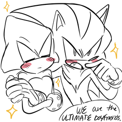 Size: 2048x2048 | Tagged: safe, artist:loveseiusa, espio the chameleon, shadow the hedgehog, arms folded, blushing, bust, dialogue, duo, duo male, english text, eyes closed, frown, gay, holding hands, looking ahead, male, monochrome, mouth open, one fang, shadpio, shipping, simple background, sketch, speech bubble, star (symbol), white background