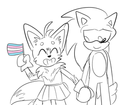 Size: 1589x1311 | Tagged: safe, artist:infizero-draws, miles "tails" prower, sonic the hedgehog, brother and sister, duo, flag, holding hands, simple background, sketch, skirt, smile, trans female, trans pride, transgender, white background