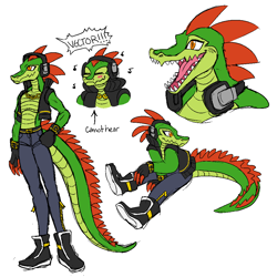 Size: 1000x1000 | Tagged: safe, artist:zdraws, vector the crocodile, claws, dialogue, english text, headphones, looking offscreen, male, musical notes, pants, redesign, simple background, smile, solo, speech bubble, white background