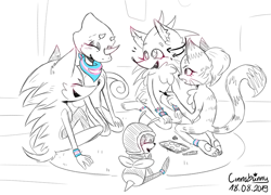 Size: 1280x921 | Tagged: safe, artist:puffinpermuffin, blaze the cat, charmy bee, espio the chameleon, silver the hedgehog, sonic the hedgehog, bandana, female, group, kneeling, male, mouth open, sitting, sketch, smile, trans female, trans male, transgender