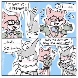 Size: 640x640 | Tagged: safe, artist:bl00doodle, gadget the wolf, infinite the jackal, blue background, blushing, bow, comic, cute, dialogue, duo, duo male, ear fluff, english text, frown, gadgebetes, gay, heart, infinibetes, looking at them, male, males only, mouth open, one fang, outline, panels, rookinite, sfx, shipping, simple background, smile, speech bubble, standing, tsundere, wagging tail