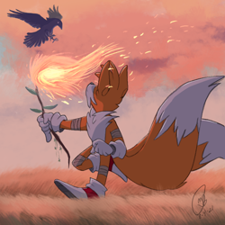 Size: 900x900 | Tagged: safe, artist:rubrtic, miles "tails" prower, abstract background, ambiguous gender, bandage, crow, duo, fire, grass, literal animal, looking up at them, male, signature, solo focus, stick, walking