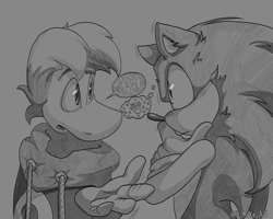 Size: 2048x1638 | Tagged: safe, artist:y-make-art, sonic the hedgehog, crossover, crossover shipping, duo, duo male, frown, grey background, looking at each other, male, males only, mouth open, pencilwork, rayman, simple background, sketch, sonayman, speech bubble, standing, thought bubble