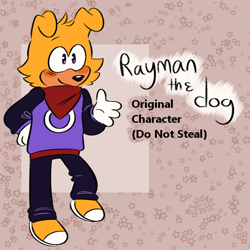 Size: 800x800 | Tagged: safe, artist:sunshinecassette, dog, abstract background, bandana, barely sonic related, blushing, character name, crossover, english text, gloves, hand on hip, jumper, looking offscreen, male, mobianified, pants, rayman, shoes, smile, solo, solo male, species swap, standing, star (symbol)