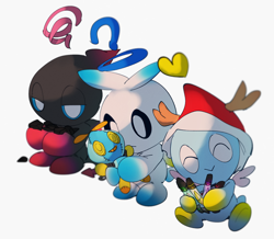 Size: 1500x1307 | Tagged: safe, artist:bhuxu, omochao, chao, annoyed, chaobetes, christmas hat, coal, crayon, cute, dark chao, eyes closed, fake antlers, frown, genderless, heart, hero chao, holding something, lidded eyes, neutral chao, no mouth, question mark, simple background, smile, stuffed animal, trio, white background