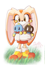 Size: 705x1000 | Tagged: safe, artist:quark19601, cheese (chao), chocola (chao), cream the rabbit, chao, 2019, bowtie, cheeseabetes, chocolabetes, creamabetes, cute, eyes closed, female, genderless, grass, holding them, looking at viewer, mouth open, neutral chao, signature, simple background, smile, standing, trio, white background