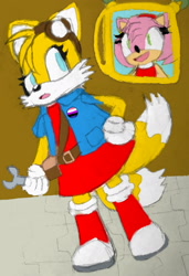 Size: 1460x2140 | Tagged: safe, artist:dash-n-draw, amy rose, miles "tails" prower, abstract background, badge, belt, boots, dress, eyelashes, genderfluid, goggles, jacket, looking offscreen, mouth open, picture frame, sketch, solo, standing, wrench