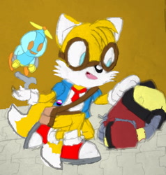 Size: 1580x1660 | Tagged: safe, artist:dash-n-draw, miles "tails" prower, omochao, abstract background, duo, genderfluid, genderless, goggles, kneeling, machinery, mouth open, side bag, wrench