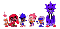 Size: 2048x1011 | Tagged: safe, artist:viridescenttemple, amy rose, metal sonic, neo metal sonic, silver sonic, tails doll, black sclera, female, genderless, group, height chart, looking at viewer, metal knuckles, robot, simple background, standing, white background
