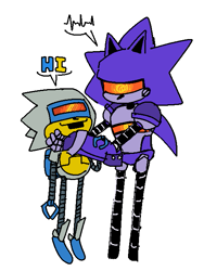 Size: 505x673 | Tagged: safe, artist:braingutzz, mecha sonic, silver sonic, dialogue, duo, english text, genderless, holding them, mouth open, red sclera, robot, simple background, standing, white background