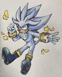 Size: 2048x2551 | Tagged: safe, artist:whalesharkstho, silver the hedgehog, beige background, blushing, clenched fist, clenched teeth, eyelashes, eyes closed, male, mid-air, simple background, smile, solo, star (symbol), traditional media