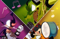 Size: 2048x1325 | Tagged: safe, artist:mangocatart, charmy bee, espio the chameleon, vector the crocodile, sonic heroes, abstract background, banjo, clenched teeth, drum, glowing eyes, holding something, microphone, mouth open, musical notes, singing, smile, team chaotix, this will end in blood, trio