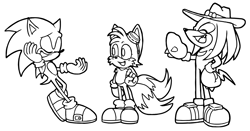 Size: 1800x942 | Tagged: safe, artist:thecoolertails, knuckles the echidna, miles "tails" prower, sonic the hedgehog, black and white, eyes closed, freckles, goggles, hat, looking at them, male, males only, monochrome, mouth open, redesign, simple background, smile, standing, team sonic, trio, trio male, white background