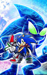 Size: 792x1254 | Tagged: safe, artist:meelowsh1, chaos, sonic the hedgehog, sonic adventure, abstract background, alternate version, bandana, duo, looking at viewer, looking back at viewer, modern sonic, pointing, posing, poster, redesign, signature