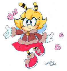 Size: 846x900 | Tagged: safe, artist:bunnymajo, saffron bee, bee, 2022, aged down, aviator jacket, blushing, eyelashes, female, flower, looking ahead, markerwork, mouth open, signature, simple background, skirt, solo, traditional media, white background, zip
