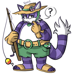 Size: 1280x1306 | Tagged: safe, artist:alittlebitfast, big the cat, froggy, ask response, belt, duo, fishing pole, frown, hat, lidded eyes, looking at viewer, male, question mark, redesign, shorts, simple background, solo focus, standing, white background