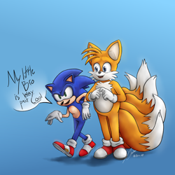 Size: 2048x2048 | Tagged: safe, artist:xaria-ap, miles "tails" prower, sonic the hedgehog, dialogue, duo, english text, fangs, gradient background, kitsune, looking at them, looking offscreen, mouth open, shadow (lighting), signature, standing, tears, tears of happiness