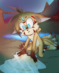 Size: 1615x1999 | Tagged: safe, artist:galaxy-petals, miles "tails" prower, abstract background, alternate version, bridge, floppy ears, frown, gloves off, grass, kitsune, kneeling, looking at something, mountain, mouth open, nine tails, outdoors, puddle, reflection, signature, solo, water