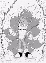Size: 2048x2820 | Tagged: safe, artist:uffffman23, miles "tails" prower, super tails, alternate super form, bleeding, bleeding from mouth, blood, bruise, clenched fists, dragon ball z, frown, greyscale, injured, kitsune, looking at viewer, male, monochrome, nine tails, scratch (injury), simple background, solo, standing, super form