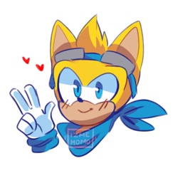 Size: 1024x1024 | Tagged: source needed, safe, artist:izmemomo, ray the flying squirrel, bandana, blushing, goggles, goggles on head, head only, heart, looking at viewer, male, simple background, smile, solo, solo male, v sign, white background