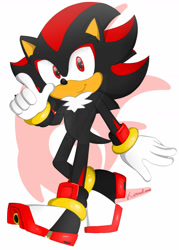 Size: 1024x1427 | Tagged: safe, artist:karneolienne, shadow the hedgehog, 2017, abstract background, cute, looking at viewer, male, pointing, shadow's logo, shadowbetes, signature, smile, solo, solo male, walking, watermark
