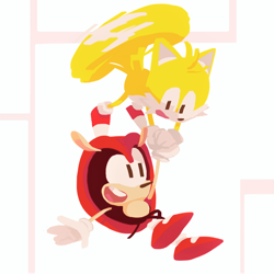Size: 1004x1004 | Tagged: safe, artist:lallelol, mighty the armadillo, miles "tails" prower, abstract background, carrying them, cute, duo, duo male, flying, holding hands, lineless, looking at each other, male, males only, mightabetes, mouth open, no outlines, smile, spinning tails, tailabetes