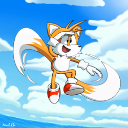 Size: 1920x1920 | Tagged: safe, artist:cole cruise, miles "tails" prower, abstract background, classic tails, clouds, flying, looking ahead, male, mouth open, ocean, signature, smile, solo, solo male, spinning tails